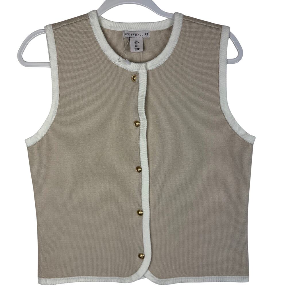 NWOT Sincerely Jules Knit Sweater Vest Contrast Trim Gold Button Women L Cream
